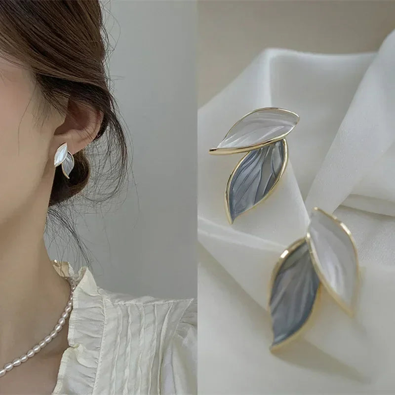 Korean Sweet Grey Leaf Stud Earrings