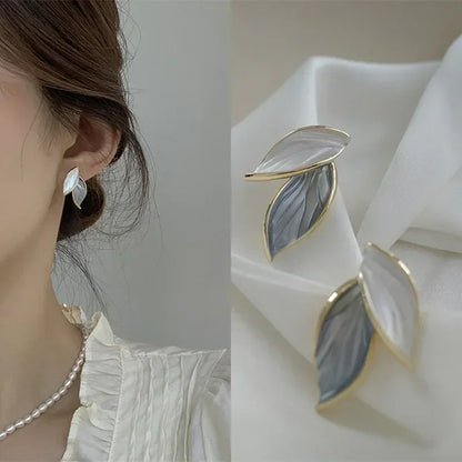 Korean Sweet Grey Leaf Stud Earrings