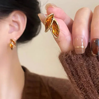 Korean Sweet Grey Leaf Stud Earrings