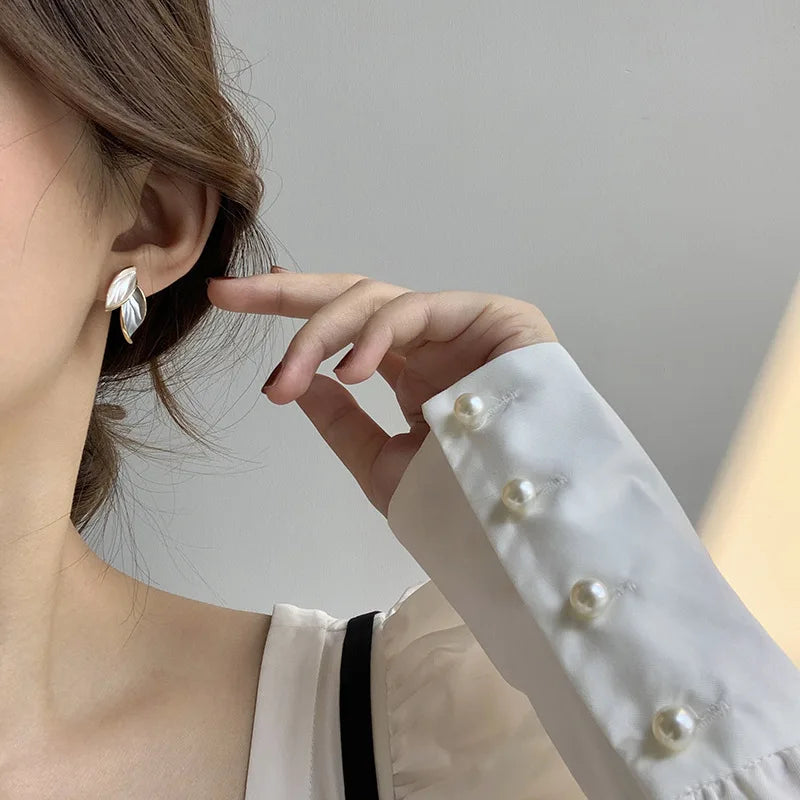 Korean Sweet Grey Leaf Stud Earrings