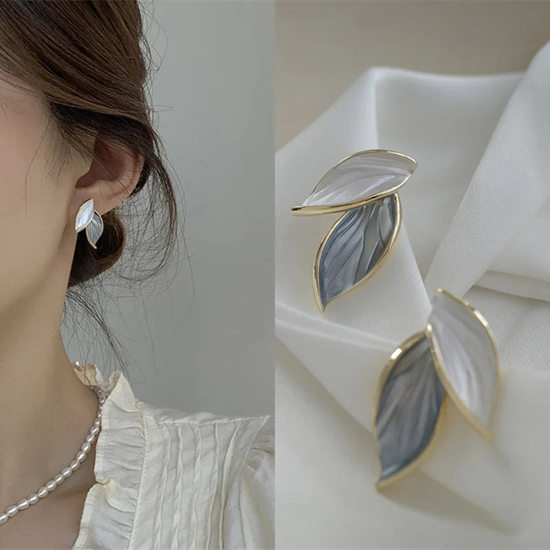 Korean Sweet Grey Leaf Stud Earrings