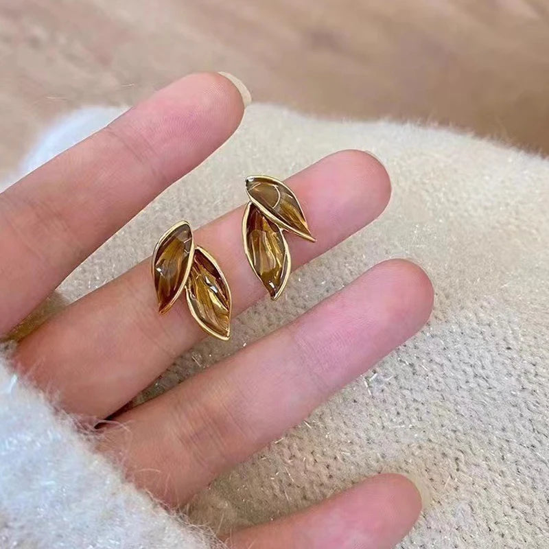 Korean Sweet Grey Leaf Stud Earrings