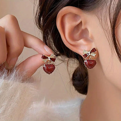 Japanese Red Bow & Heart Dangle Earrings